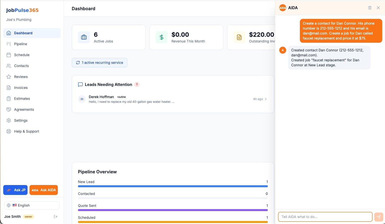 AIDA creating a contact and job from a single typed message in JobPulse365