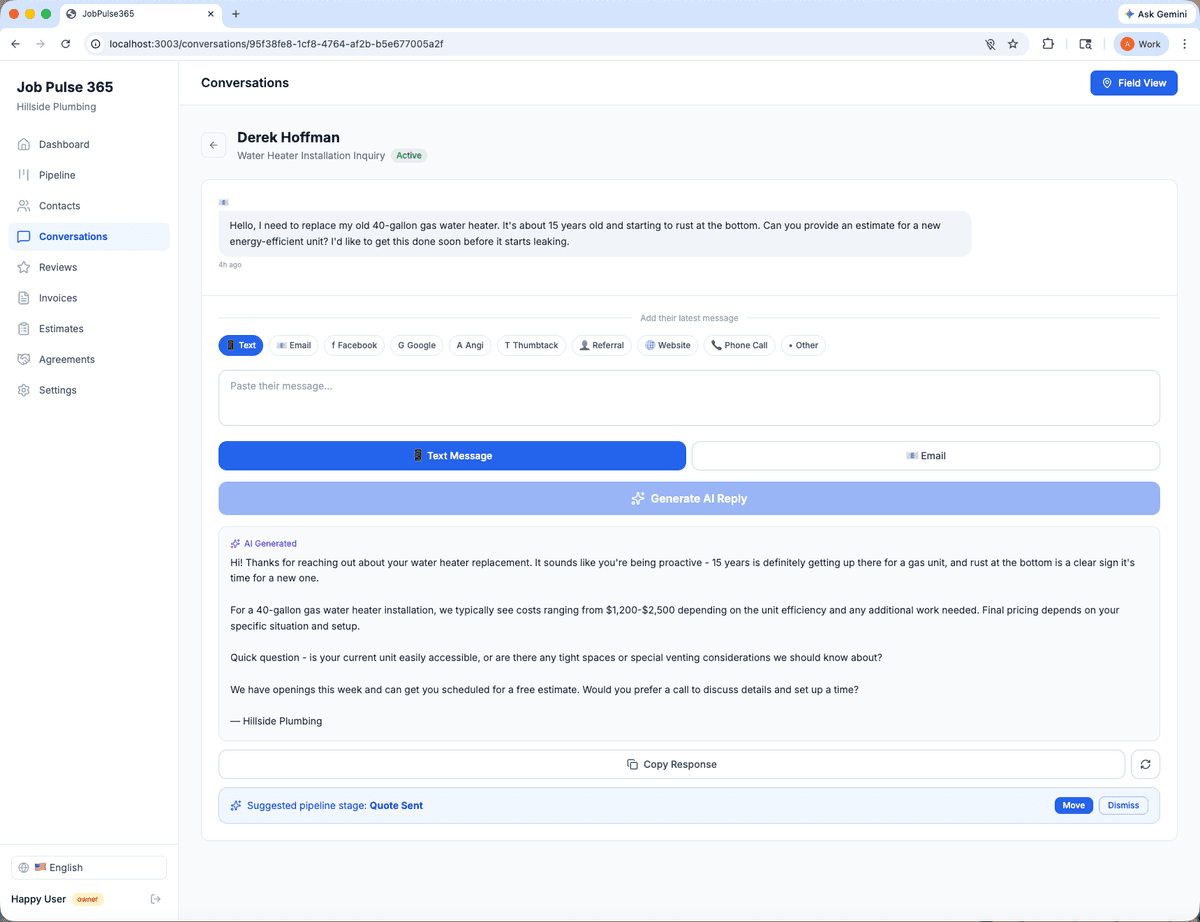 JobPulse365 AI Lead Agent generating a professional response to a customer inquiry