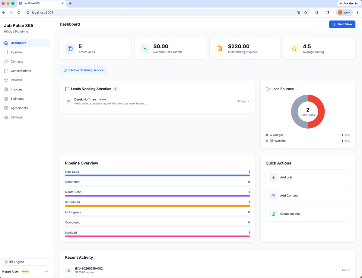 JobPulse365 dashboard: active jobs, revenue, invoices, and lead sources