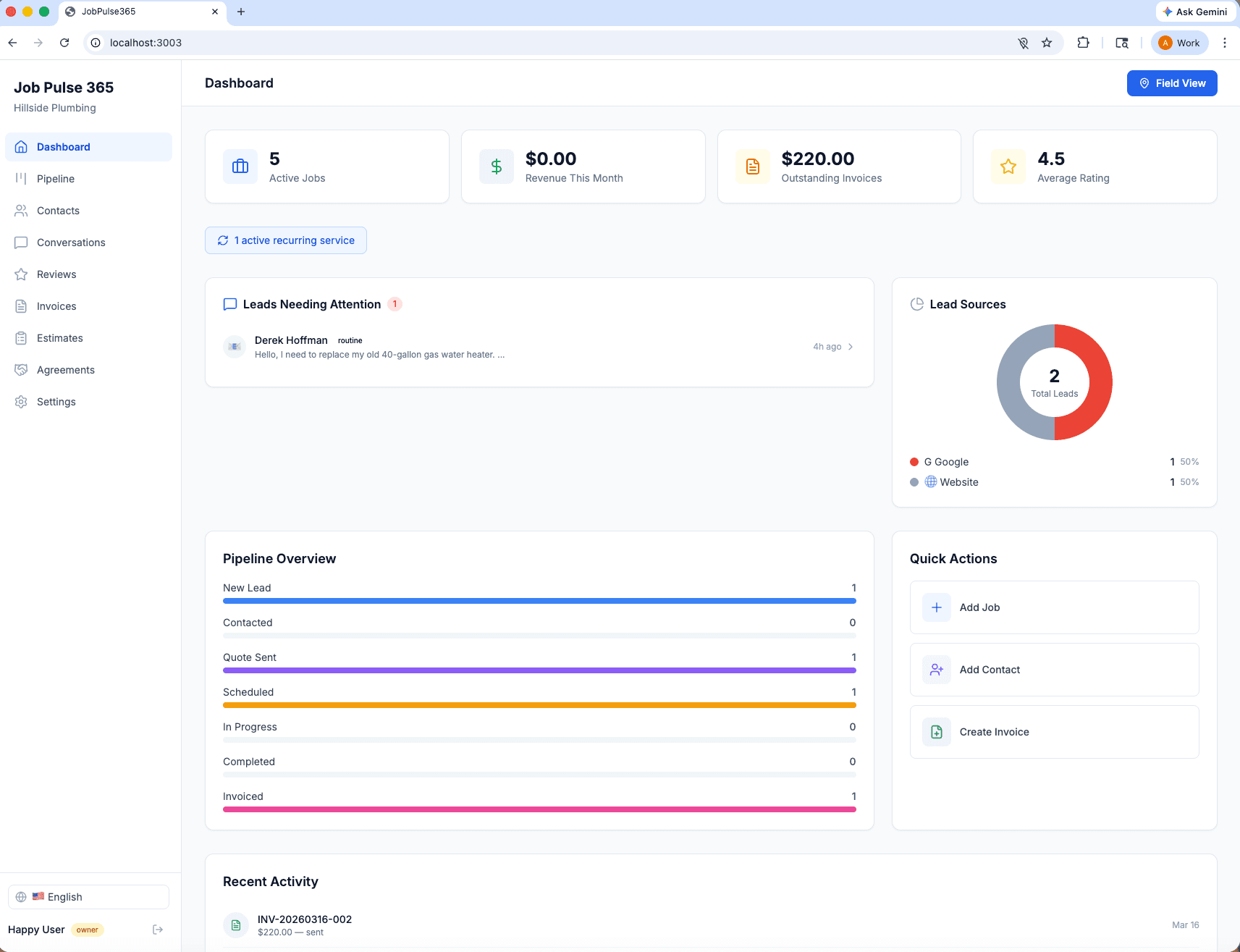 JobPulse365 dashboard showing active jobs, revenue, outstanding invoices, and pipeline overview