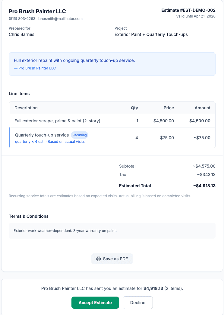 Customer viewing a professional estimate with recurring line items and e-signature acceptance