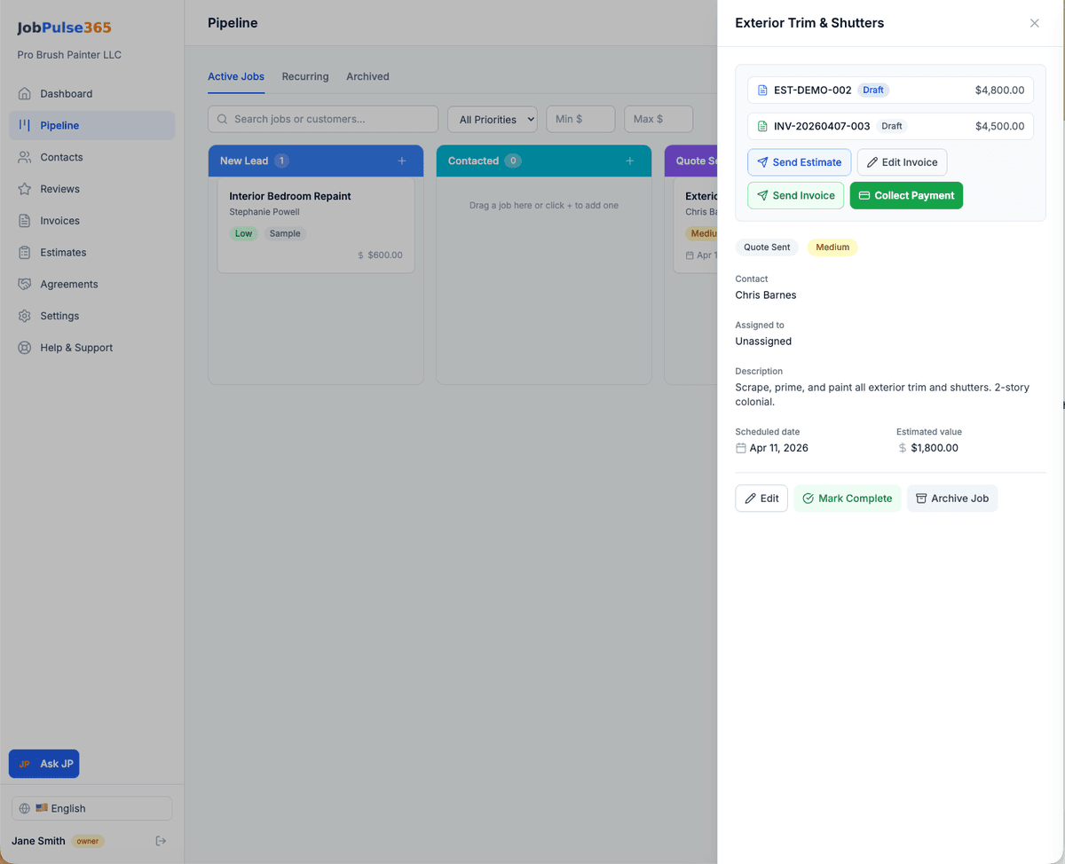 Job detail panel showing estimate, invoice, and Collect Payment workflow