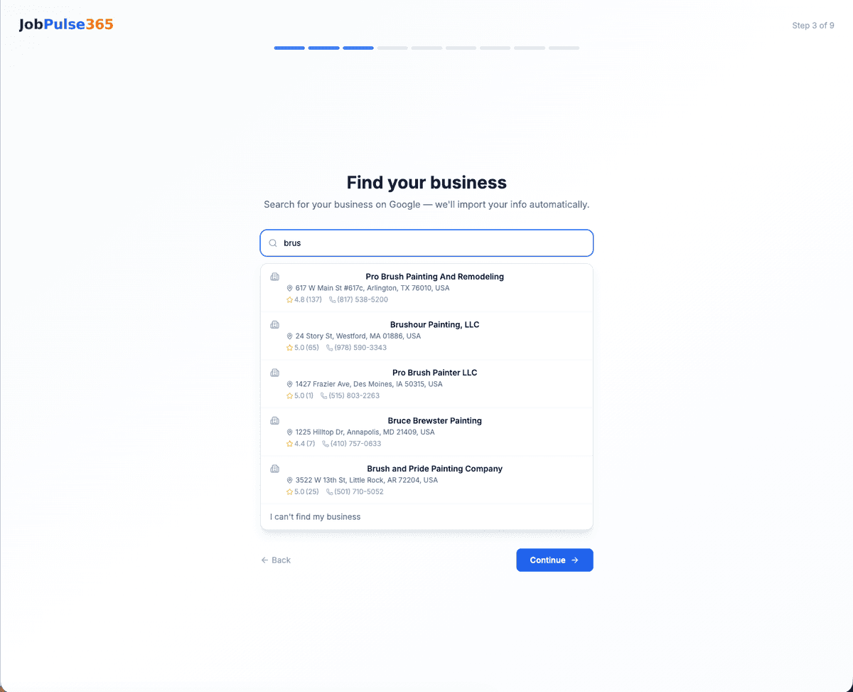 JobPulse365 onboarding: search for your business on Google