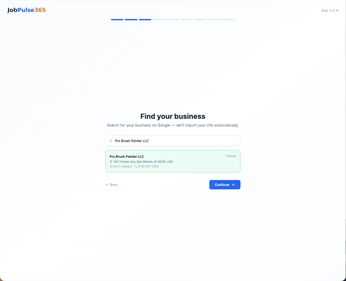 JobPulse365 onboarding: business info imported automatically