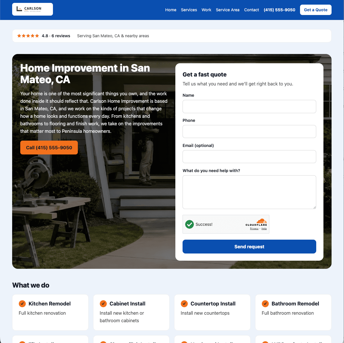 The same home improvement business website in a blue design with a quote form in the hero