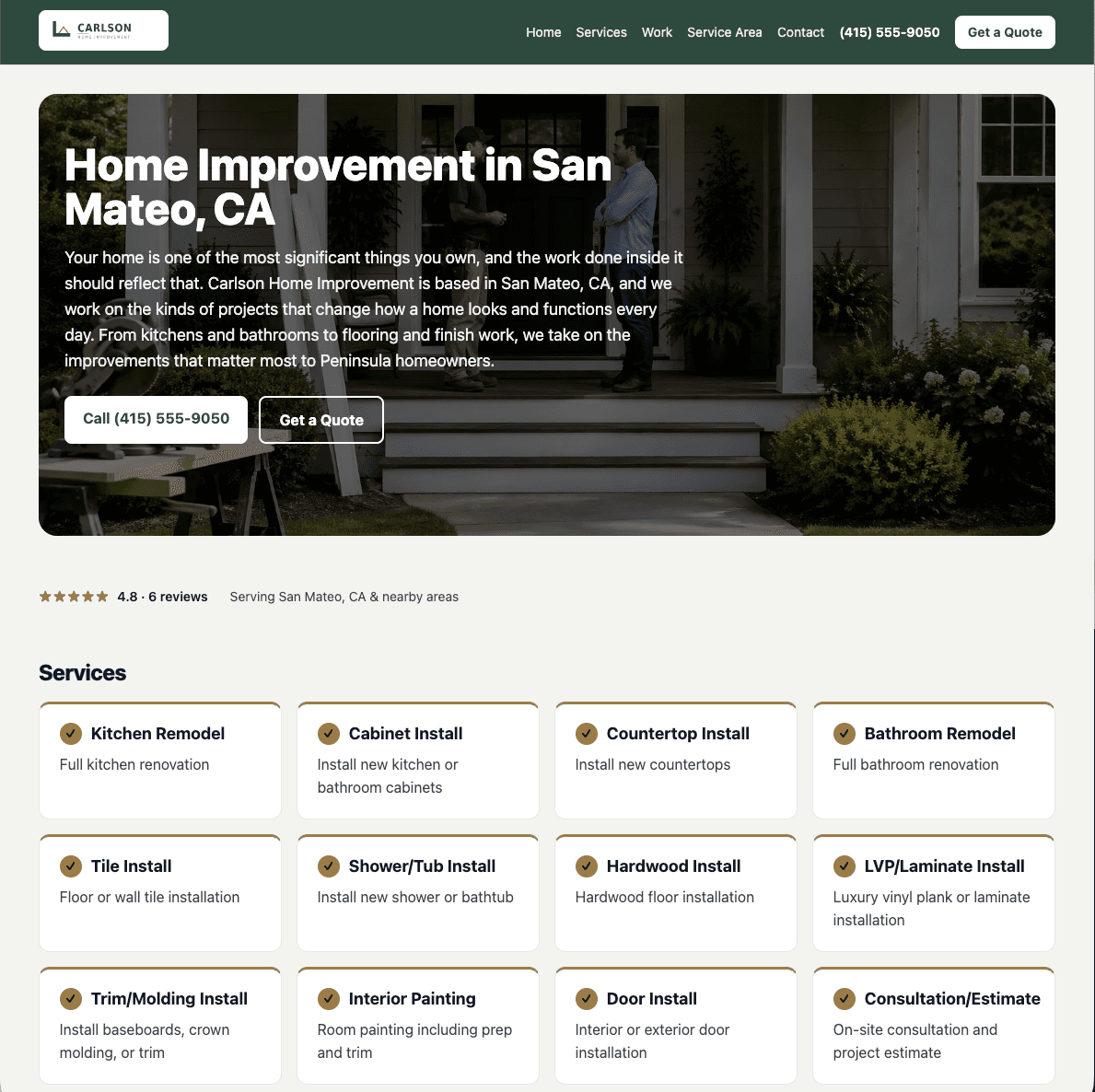 The same home improvement business website in a dark photo hero design with two buttons
