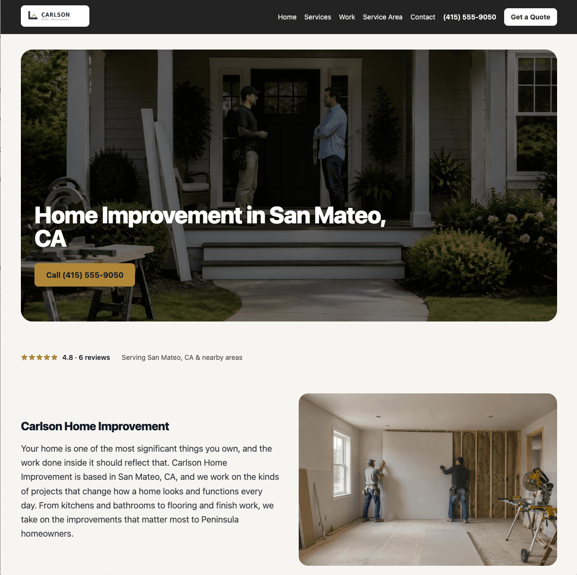The same home improvement business website in a charcoal and gold design with a photo hero
