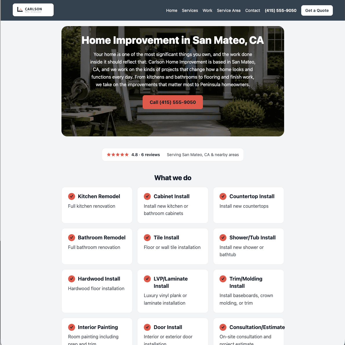 The same home improvement business website in a slate and coral centered hero design
